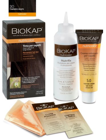 Biokap nutricolor - tinta per capelli colore 3.0 castano scuro - crema colorante 50 ml + rivelatore 75 ml