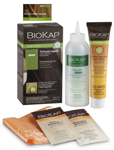 Biokap nutricolor - tinta per capelli colore 7.0 biondo medio - crema colorante 50 ml + rivelatore 75 ml