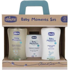 Chicco Baby Moments Set Bagnoschiuma Delicato 200 ml + Crema Corpo 200 ml + Acqua di Colonia 100 ml