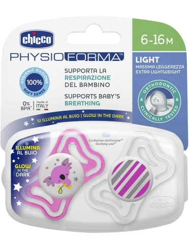 Chicco physioforma succhietto luminoso in silicone 6-16m 2 pezzi Chicco physioforma succhietto luminoso in silicone 6-16m 2 pezzi