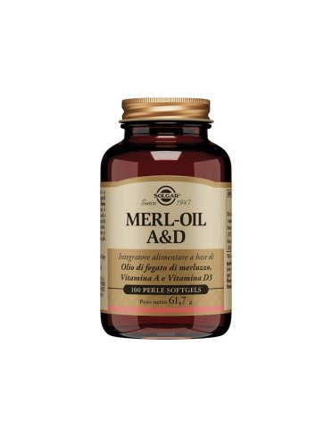 Solgar merl oil a&d - integratore di olio di fegato di merluzzo - 100 perle softgel
