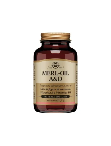 Solgar merl oil a&d - integratore di olio di fegato di merluzzo - 100 perle softgel Solgar merl oil a&d - integratore di olio di fegato di merluzzo - 100 perle softgel