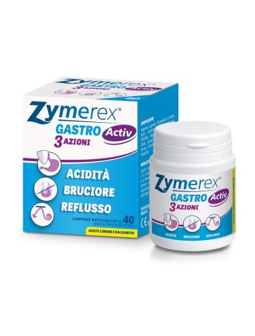 Zymerex gastro activ 3 azioni - integratore per reflusso, bruciore e acidità di stomaco - 40 compresse masticabili
