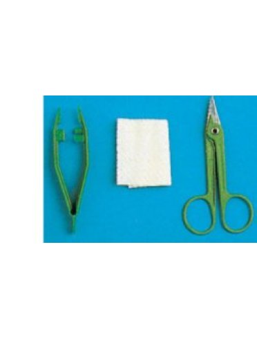 Set per rimozione suture confezionato in blister rigido, contenente forbice, pinza e garza