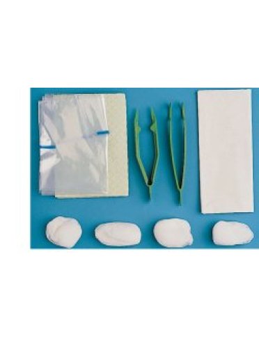 Set per medicazione medium contenente pinza ad anelli, pinzaanatomica, 4 tamponi, sacchetto di carta per residui, teloimpermeabile/assorbente, 2 guanti in lattice