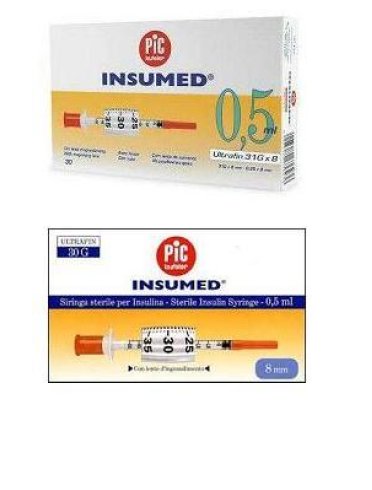 Siringa per insulina pic insumed 0,5 ml 100 ui ago gauge 30lunghezza 8 mm senza spazio morto 3 sacchetti da 10 pezzi