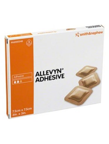 Medicazione idrocellulare adesiva sterile allevyn adhesive altamente assorbente in schiuma di poliuretano a struttura tristratificata 7,5x7,5cm 3 pezzi