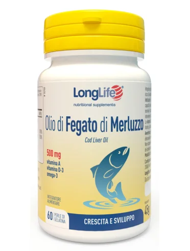 Longlife olio di fegato di merluzzo 500 mg - integratore per crescita e sviluppo - 60 perle Longlife olio di fegato di merluzzo 500 mg - integratore per crescita e sviluppo - 60 perle