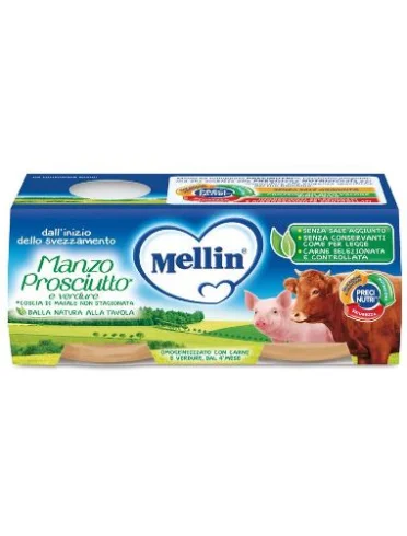 Mellin omogeneizzato manzo prosciutto con verdure 2 pezzi x120 g Mellin omogeneizzato manzo prosciutto con verdure 2 pezzi x120 g