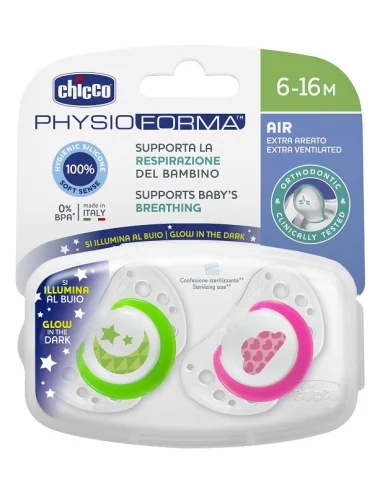 Chicco physioforma succhietto in silicone luminoso 6-12m 2 pezzi Chicco physioforma succhietto in silicone luminoso 6-12m 2 pezzi