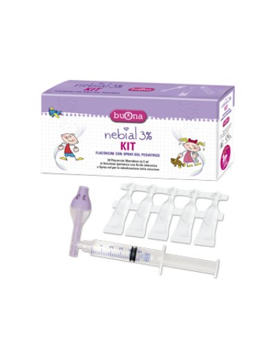 Kit nebial 3% 20 flaconcini monodose da 5 ml + kit contenente spray-sol pediatrico e siringa