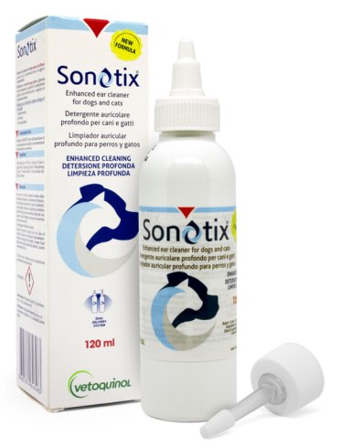Sonotix detergente auricolare profondo cani e gatti flacone120 ml + cannula corta rigida + cannula lunga flessibile
