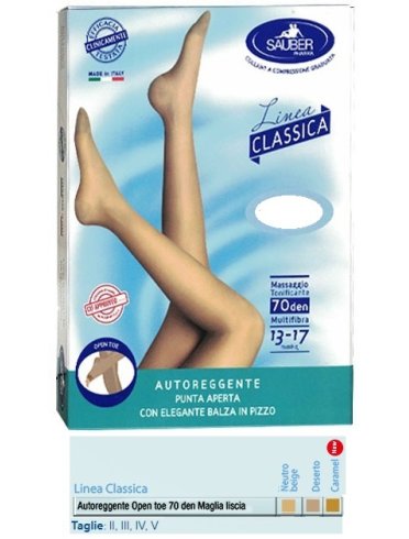 Sauber autoreggente open toe maglia liscia 70 den colore neutro beige taglia 5 linea classica