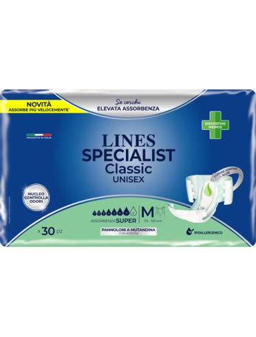Lines specialist classic - pannolone a mutandina per incontinenza assorbenza super - taglia m 30 pezzi