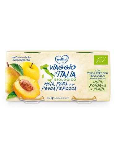 Mellin viaggio italia bio omogeneizzato mela+pera+pesca percoca 2 x 100 g