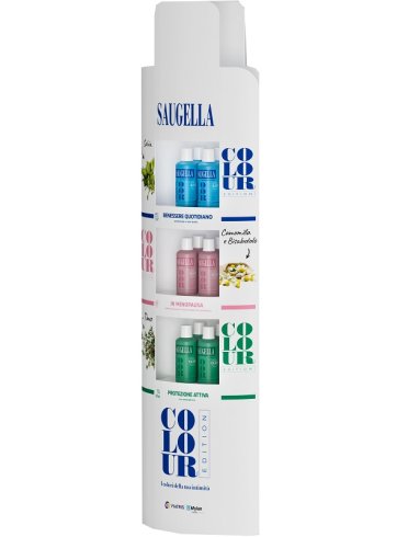Saugella colour edition espositore da 12 pezzi saugella dermoliquido 500ml + saugella attiva 500ml + saugella poligyn 500ml