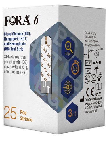 Striscia reattiva per la glicemia fora 6 connect multifunzionale 3 in 1 in box da 25 pezzi