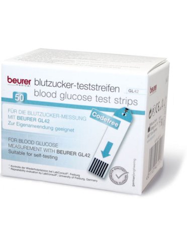 Strisce misurazione glicemia beurer per glucometro gl42 e gl43 in flacone 50 pezzi