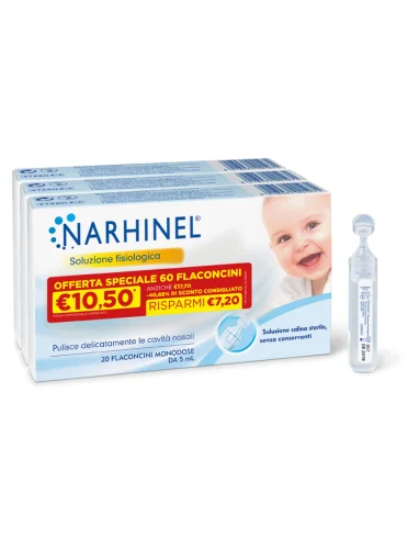 Soluzione fisiologica narhinel 3 pack promo 2022 da 20 flaconcini da 5 ml Soluzione fisiologica narhinel 3 pack promo 2022 da 20 flaconcini da 5 ml