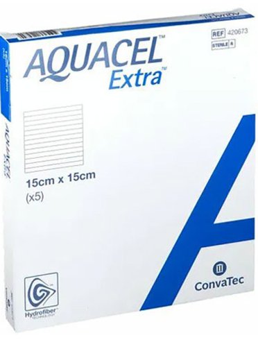 Medicazione in hydrofiber e ioni argento intessuta in lyocell aquacel ag extra drs 15x15cm 5 pezzi