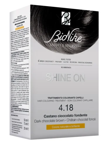 Shine on castano cioccolato fondente 4,18 flacone 75 ml + tubo 50 ml Shine on castano cioccolato fondente 4,18 flacone 75 ml + tubo 50 ml