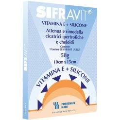 PLACCA IN SILICONE E VITAMINA E SIFRAVIT DIMENSIONI 15X10CM.INDICATA NEL TRATTAMENTO DI CHELOIDI E CICATRICI IPERTROFICHE CONSEGUENTI AD INTERVENTI C HIRURGICI, USTIONI, E FERITE