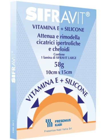 Placca in silicone e vitamina e sifravit dimensioni 15x10cm.indicata nel trattamento di cheloidi e cicatrici ipertrofiche conseguenti ad interventi c hirurgici, ustioni, e ferite