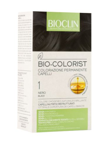 Bioclin bio color fast&perfection 1,0 nero crema colorante 60 ml + rivelatore in crema 60 ml + bio color shampoo 10 ml +bio color maschera 10 ml