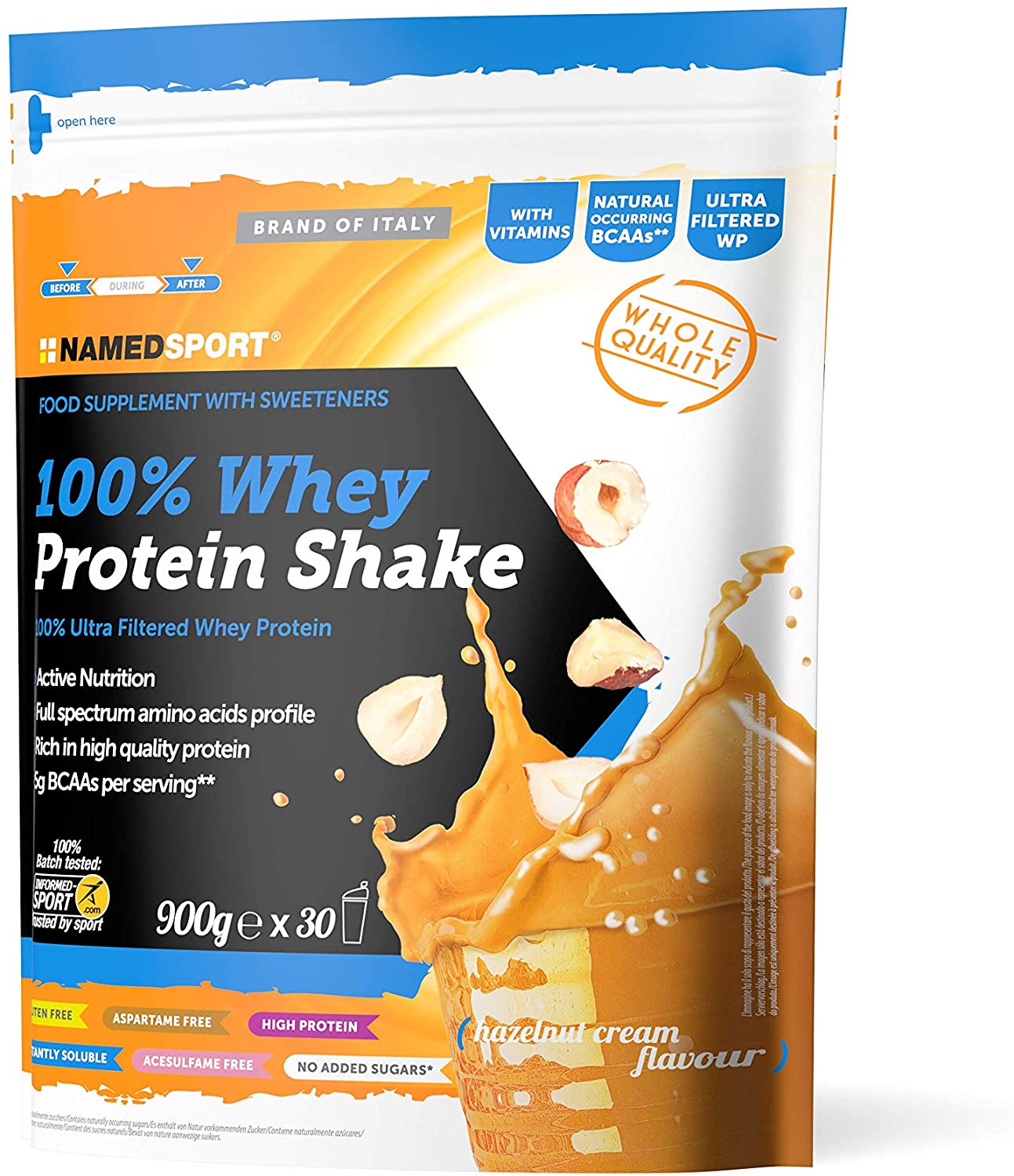 Named Sport 100% Whey Protein Shake Hazelnut Cream - Proteine per Massa Muscolare - 900 g