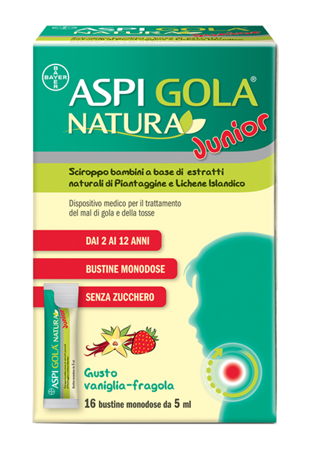 Aspi Gola Natura Junior - Trattamento per il Mal di Gola e della Tossa nei Bambini - 16 Bustine Monodose