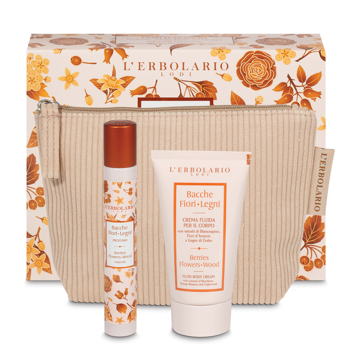 L'Erbolario Bacche Fiori di Legno Beauty Pochette - Profumo Fiori d'Arancio 15 ml + Crema Fluido Corpo 75 ml - Edizione Limitata
