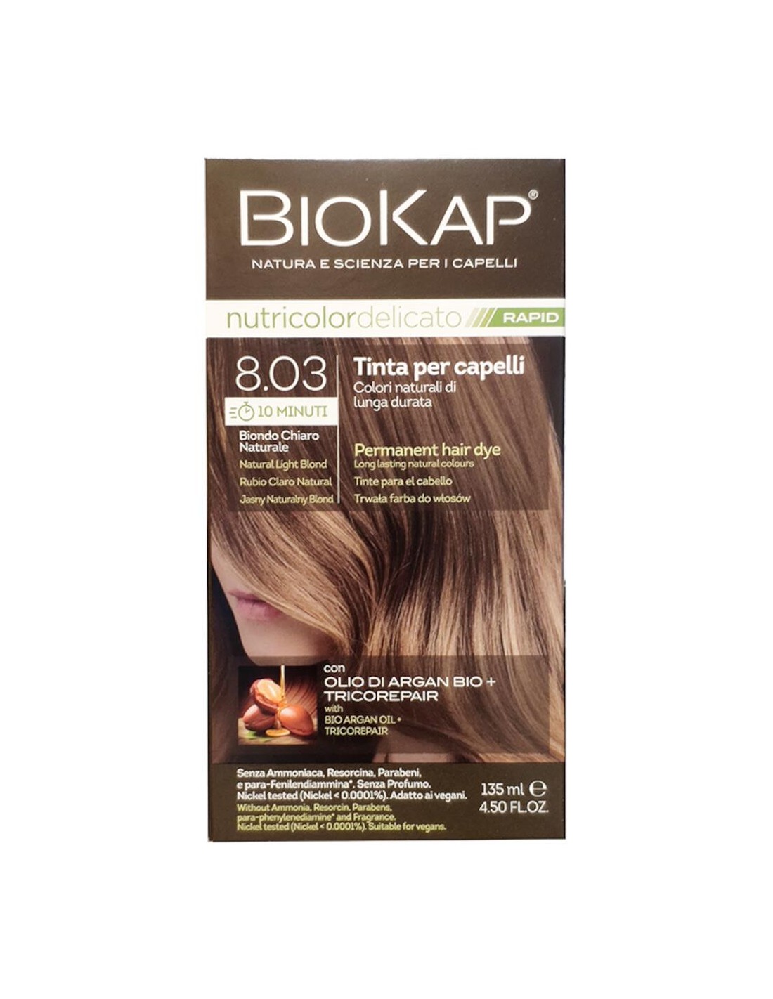 Biokap Nutricolor Delicato Rapid - Tintura per Capelli Colore 8.03 Biondo Chiaro Delicato Naturale - 135 ml