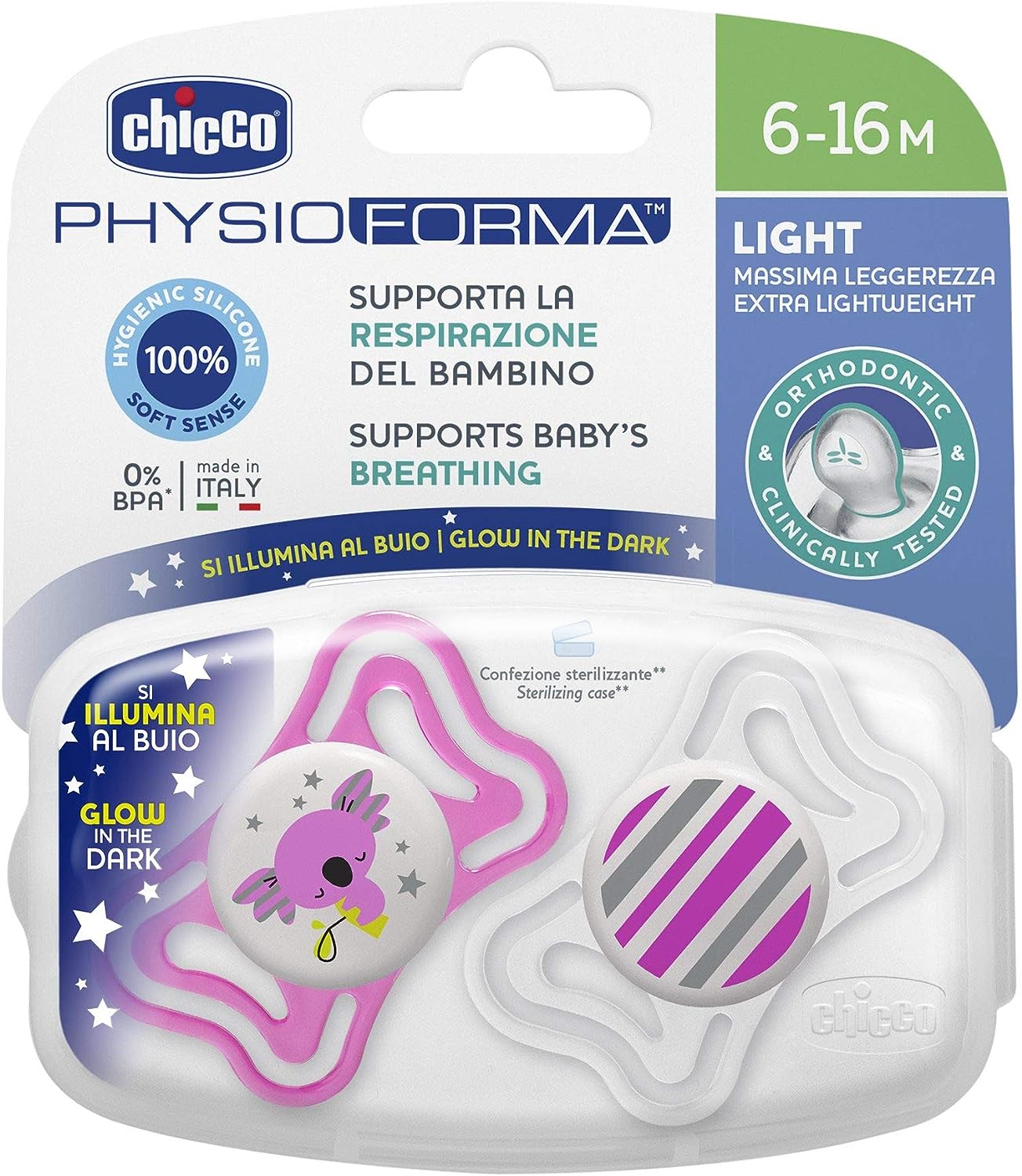Chicco Physioforma Succhietto Luminoso in Silicone 6-16m 2 Pezzi