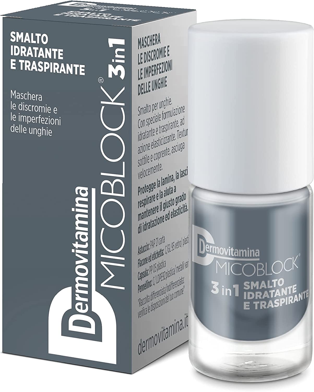 Dermovitamina Micoblock 3 in 1 - Smalto Unghie Idratante e Trasparente Anti-Imperfezioni Colore Grigio - 5 ml