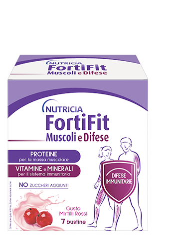 Nutricia FortiFit Muscoli e Difese - Proteine per Massa Muscolare Gusto Mirtillo Rosso - 7 Bustine