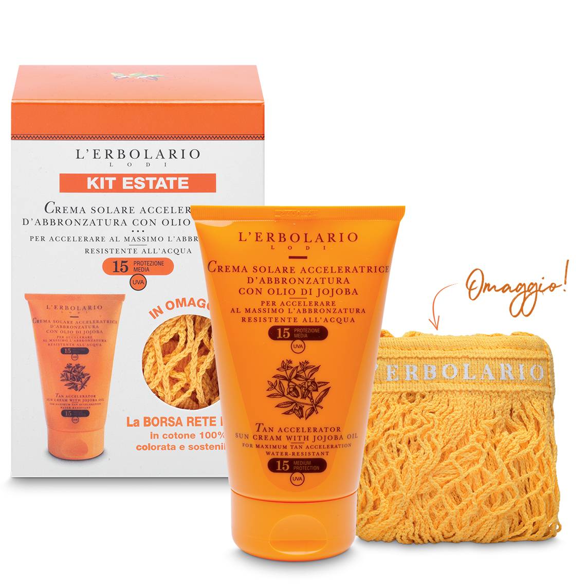 L'Erbolario Kit Sole - Crema Solare Acceleratrice di Abbronzatura con Protezione Media SPF 15 + Borsa in Rete