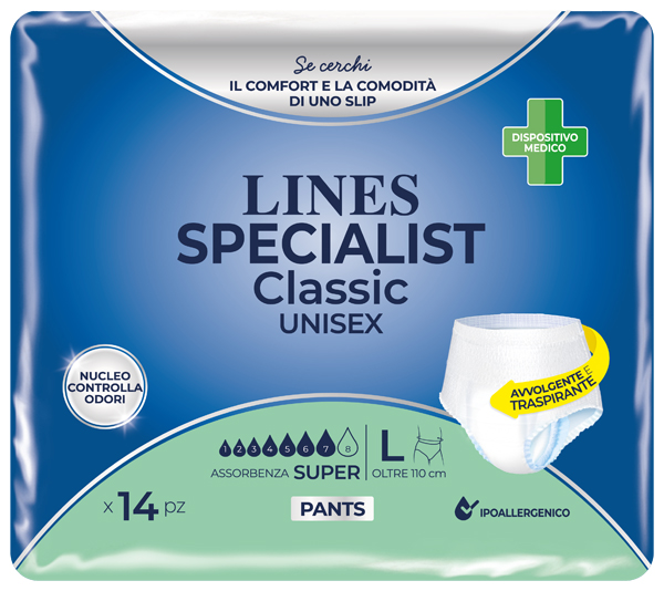 Lines Specialist Classic - Pannolone a Mutanda per Incontinenza Assorbenza Super Taglia L - 14 Pezzi