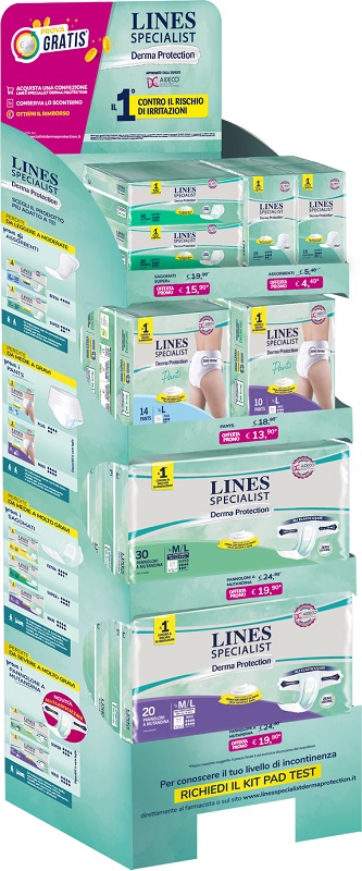 Lines Specialist Espositore - 2 Lines Derma Sagomato Super 30 pezzi + 4 Lines Derma Super 15 Pezzi + 2 Lines Derma Pants Plus Taglia L 14 Pezzi + 1 Lines Derma Pants Plus Taglia M
