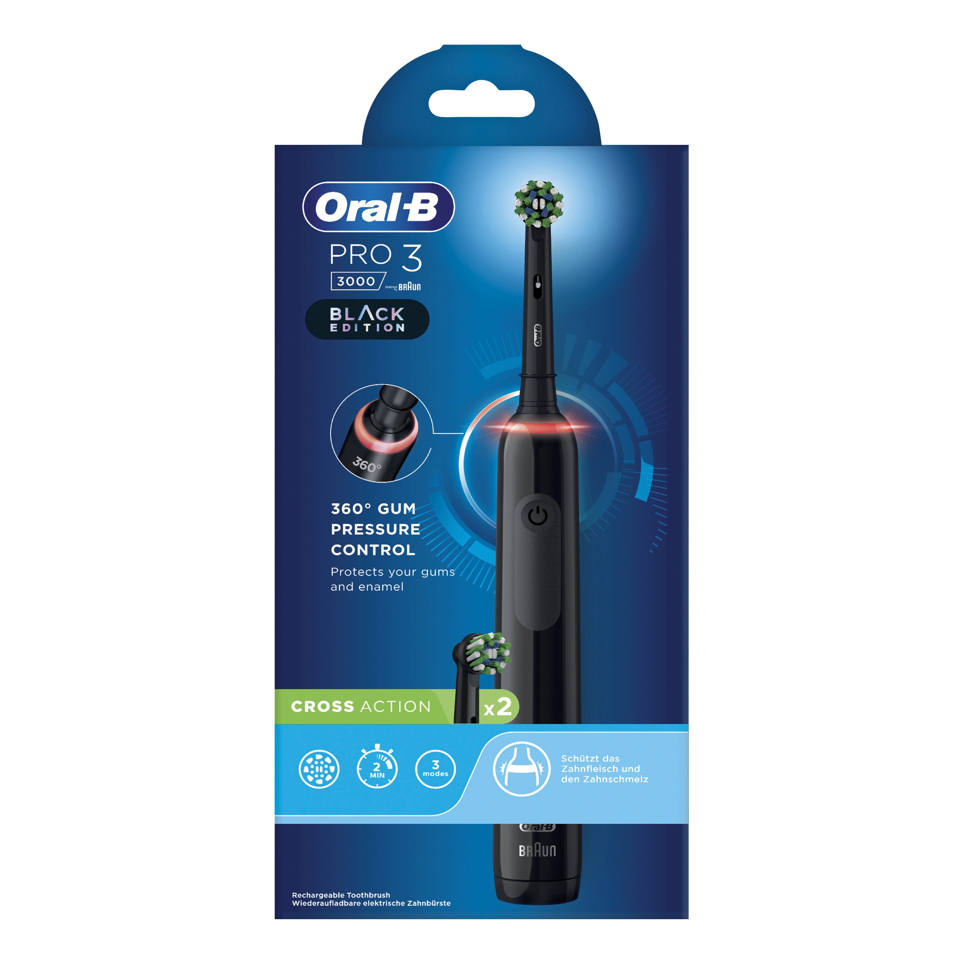 Oral-B Pro 3 Spazzolino Elettrico Nero + 2 Testine