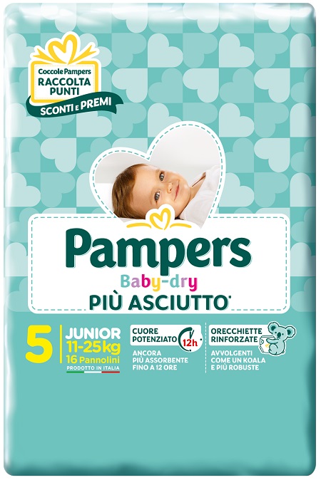 Pampers Baby Dry Più Asciutto - Pannolino Junior Taglia 5 - 16 Pezzi