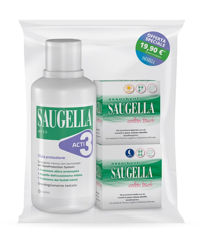 Saugella Bundle - Detergente Intimo Acti3 500 ml + 2 Scatole Assorbenti Giorno e Notte