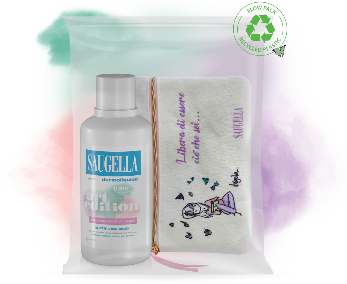 Saugella Art Edition Bundle - Detergente Intimo Dermoliquido 500 ml + Pochette con 3 Minisize da 50 ml
