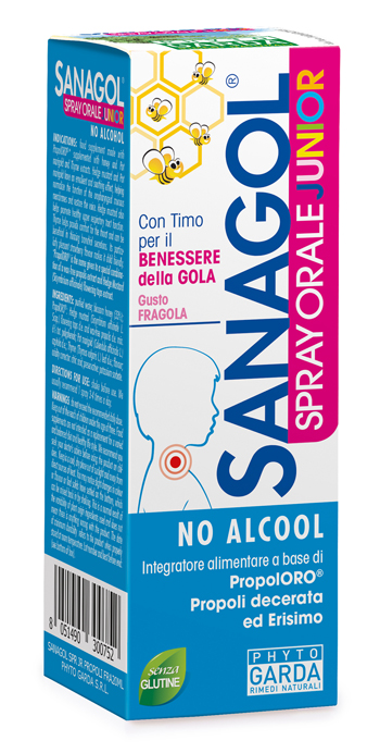 Sanagol Propoli Junior - Spray Orale per la Funzionalità delle Vie Respiratorie Gusto Fragola - 20 ml