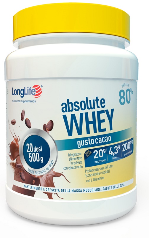 longlife srl longlife absolute whey - integratore massa muscolare gusto cacao - 500 g