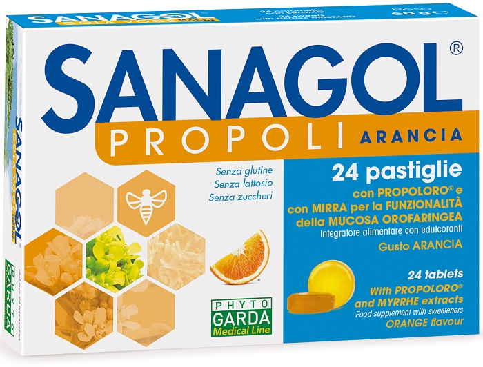 Sanagol Propoli - Integratore per la Funzionalità delle Vie Respiratorie Gusto Arancia Senza Zucchero - 24 Caramelle