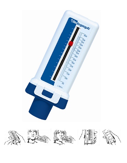 MISURATORE DI PICCO DI FLUSSO ESPIRATORIO. CONSENTE DI SORVEGLIARE EVENTUALI VARIAZIONI DEL FLUSSO FORNENDO INFORMAZIONISULL'ANDAMENTO DELLA MALATTIA E SULL'EFFICACIA DEI FARMACI