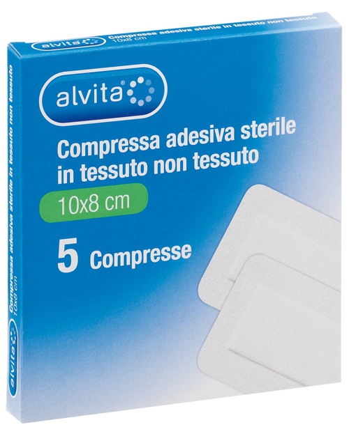ALVITA GARZA COMPRESSA ADESIVA STERILE IN TESSUTO NON TESSUTO ESTENSIBILE BIANCO 10X8CM 5 PEZZI