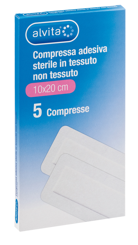 ALVITA GARZA COMPRESSA ADESIVA STERILE IN TESSUTO NON TESSUTO ESTENSIBILE BIANCO 10X20CM 5 PEZZI