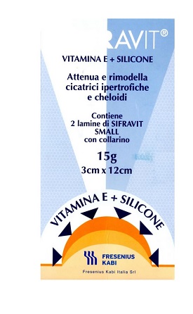 PLACCA IN SILICONE E VITAMINA E SIFRAVIT DIMENSIONI 3X12CM.INDICATA NEL TRATTAMENTO DI CHELOIDI E CICATRICI IPERTROFICHE CONSEGUENTI AD INTERVENTI C HIRURGICI, USTIONI, E FERITE