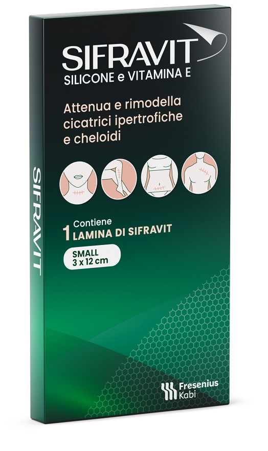 PLACCA IN SILICONE E VITAMINA E SIFRAVIT DIMENSIONI 3X12CM.INDICATA NEL TRATTAMENTO DI CHELOIDI E CICATRICI IPERTROFICHE CONSEGUENTI AD INTERVENTI CHIRURGICI USTIONI E FERITE
